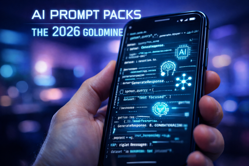A futuristic smartphone screen showing AI command strings and prompts, representing a digital prompt engineering business in 2026.