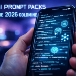 A futuristic smartphone screen showing AI command strings and prompts, representing a digital prompt engineering business in 2026.