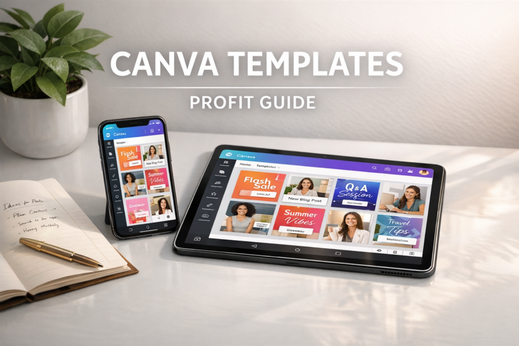 A modern workspace showing Canva social media templates being edited on a smartphone and tablet.