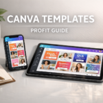 A modern workspace showing Canva social media templates being edited on a smartphone and tablet.
