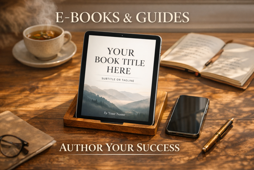 A tablet showing a professional e-book cover next to a smartphone and a cup of tea, representing the lifestyle of a digital author in 2026.