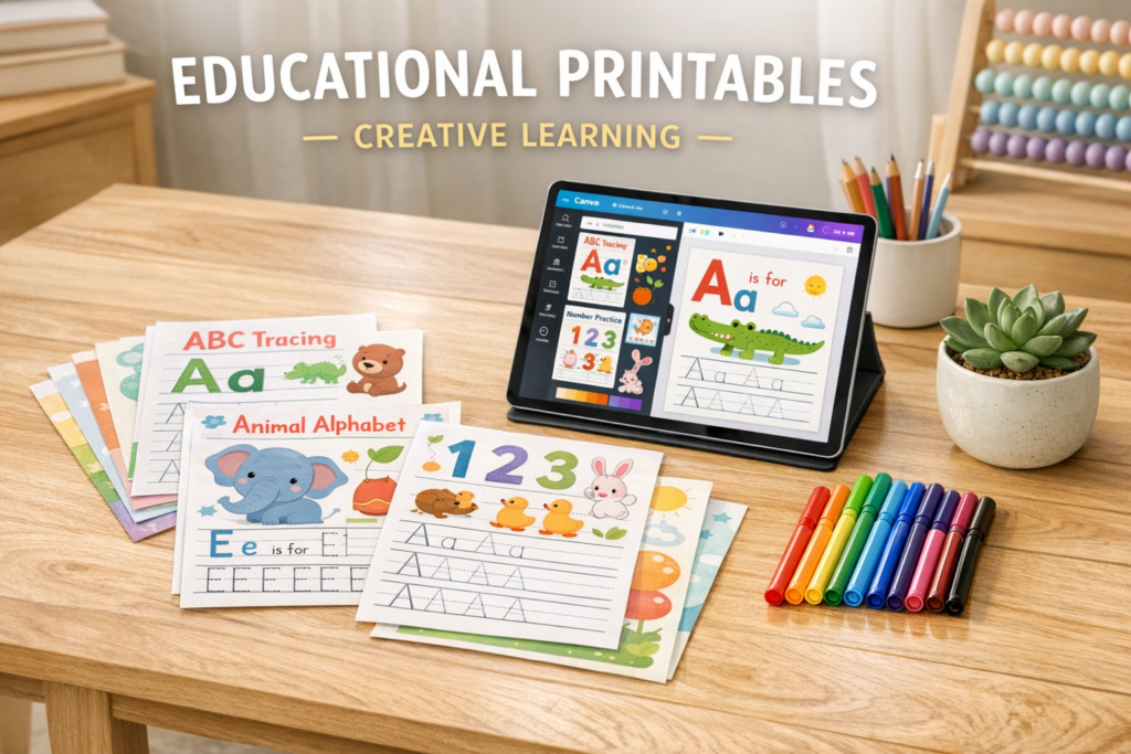 A child's learning workspace with printed worksheets and a tablet showing the design process.
