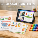 A child's learning workspace with printed worksheets and a tablet showing the design process.