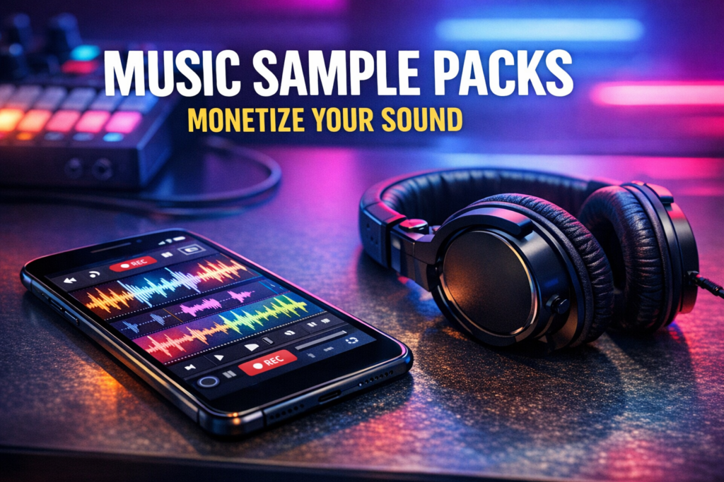 A smartphone showing audio waves and studio headphones in a neon-lit music studio setting.