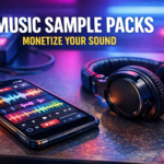 A smartphone showing audio waves and studio headphones in a neon-lit music studio setting.