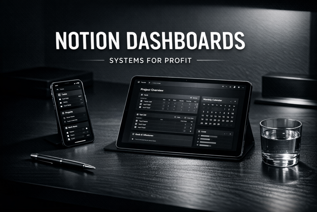 A dark-mode minimalist workspace showing sophisticated Notion dashboards on a smartphone and tablet.
