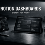 A dark-mode minimalist workspace showing sophisticated Notion dashboards on a smartphone and tablet.