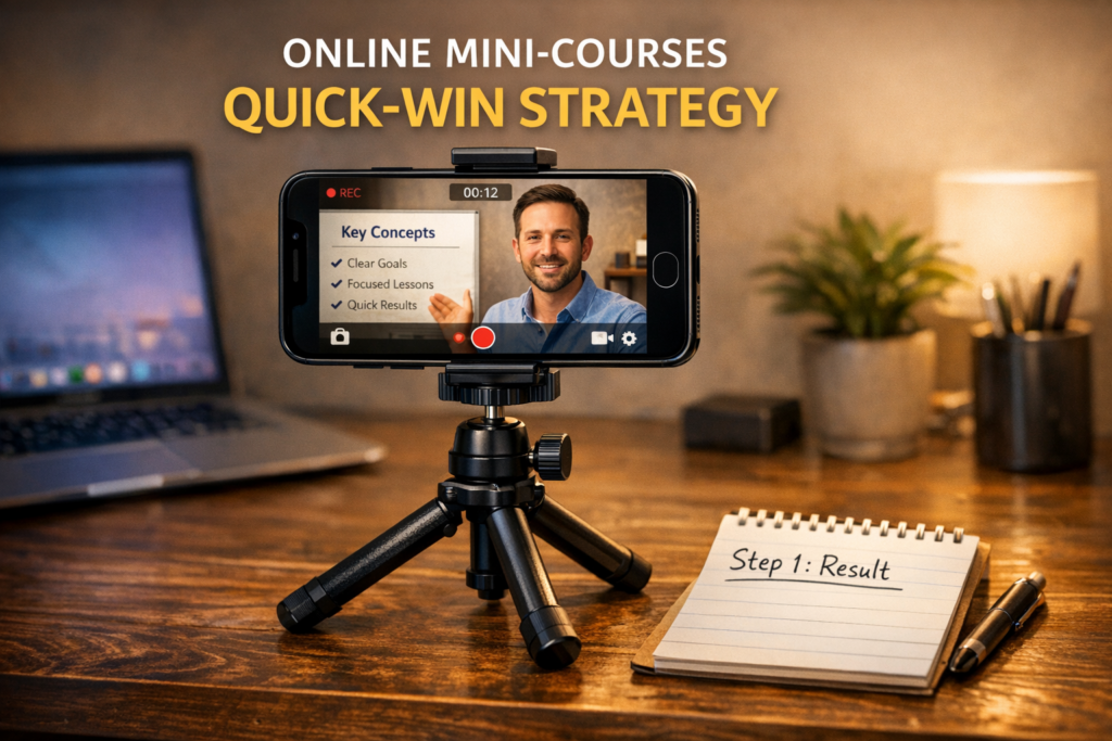 A smartphone on a tripod recording an online mini-course, showing a modern home office workspace.