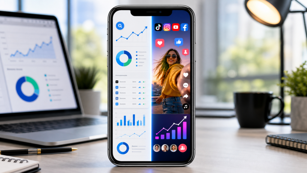 Smartphone showing SEO analytics on one side and social media apps on the other