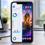 Smartphone showing SEO analytics on one side and social media apps on the other