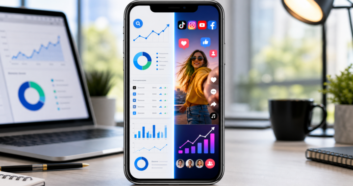 Smartphone showing SEO analytics on one side and social media apps on the other