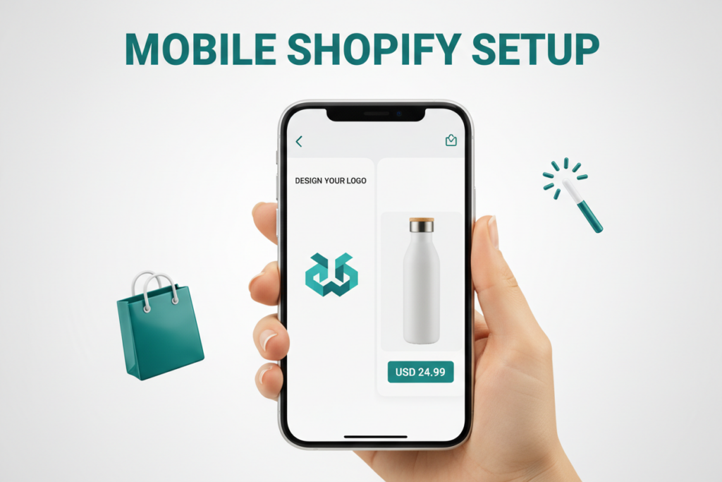 Step-by-step mobile view of setting up a Shopify store on a smartphone. Floating teal icons of a shopping bag and a website brush.