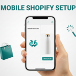 Step-by-step mobile view of setting up a Shopify store on a smartphone. Floating teal icons of a shopping bag and a website brush.