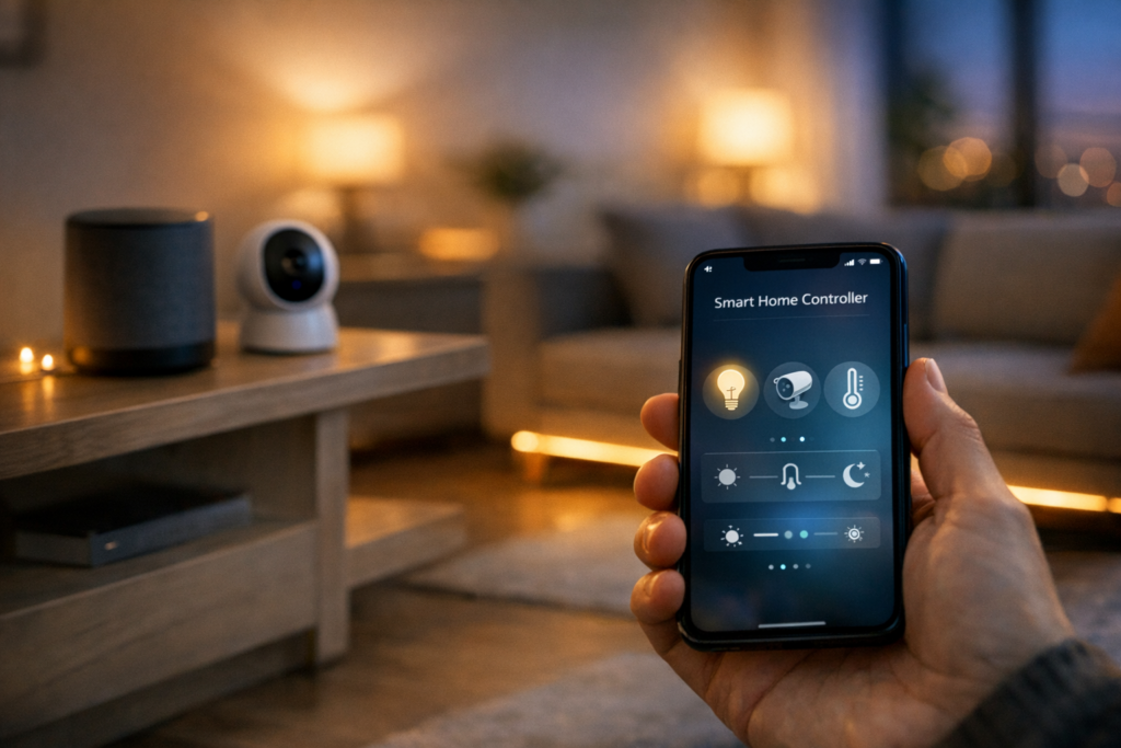 Modern living room at dusk with a smartphone app controlling smart lights, cameras, and temperature in a curated bundle.