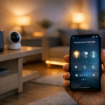 Modern living room at dusk with a smartphone app controlling smart lights, cameras, and temperature in a curated bundle.