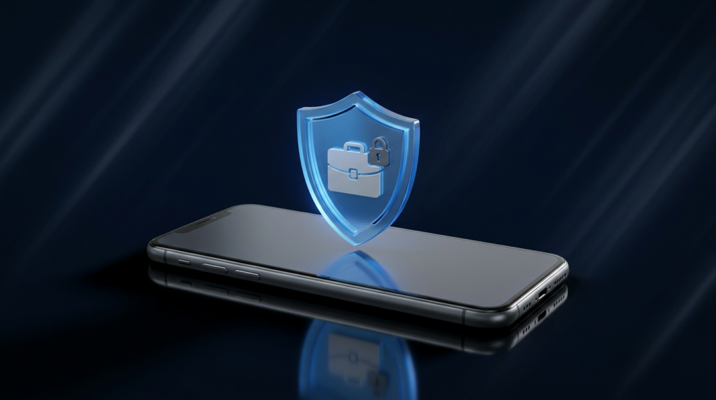A high-end smartphone with a glowing digital shield icon hovering above it, symbolizing 2026 mobile business insurance and cybersecurity.