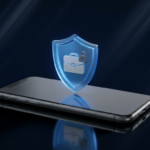 A high-end smartphone with a glowing digital shield icon hovering above it, symbolizing 2026 mobile business insurance and cybersecurity.