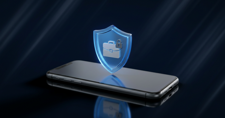 A high-end smartphone with a glowing digital shield icon hovering above it, symbolizing 2026 mobile business insurance and cybersecurity.