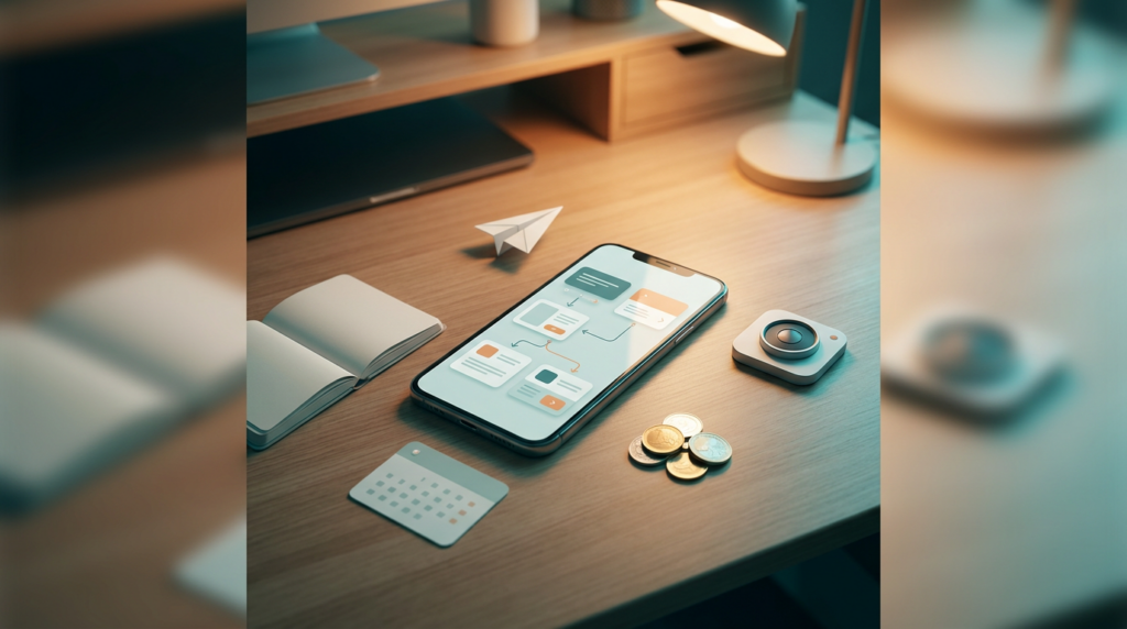 A smartphone showing an abstract workflow dashboard on a minimalist desk, surrounded by a notebook, planner, content icon and distribution symbol, representing a complete mobile business system (2026)