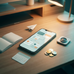 A smartphone showing an abstract workflow dashboard on a minimalist desk, surrounded by a notebook, planner, content icon and distribution symbol, representing a complete mobile business system (2026)