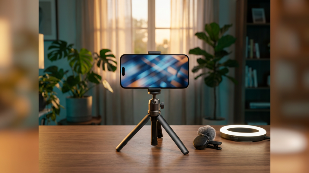 A smartphone on a tripod with a live streaming setup on a desk, including a small mic and ring light in a home office (2026)