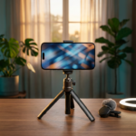 A smartphone on a tripod with a live streaming setup on a desk, including a small mic and ring light in a home office (2026)