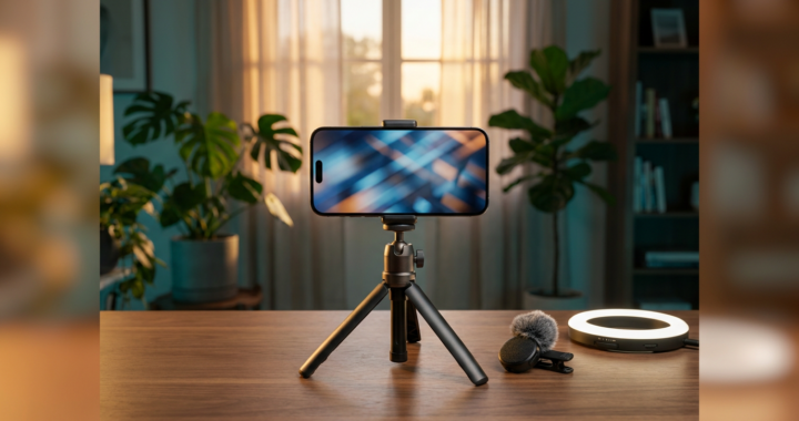 A smartphone on a tripod with a live streaming setup on a desk, including a small mic and ring light in a home office (2026)