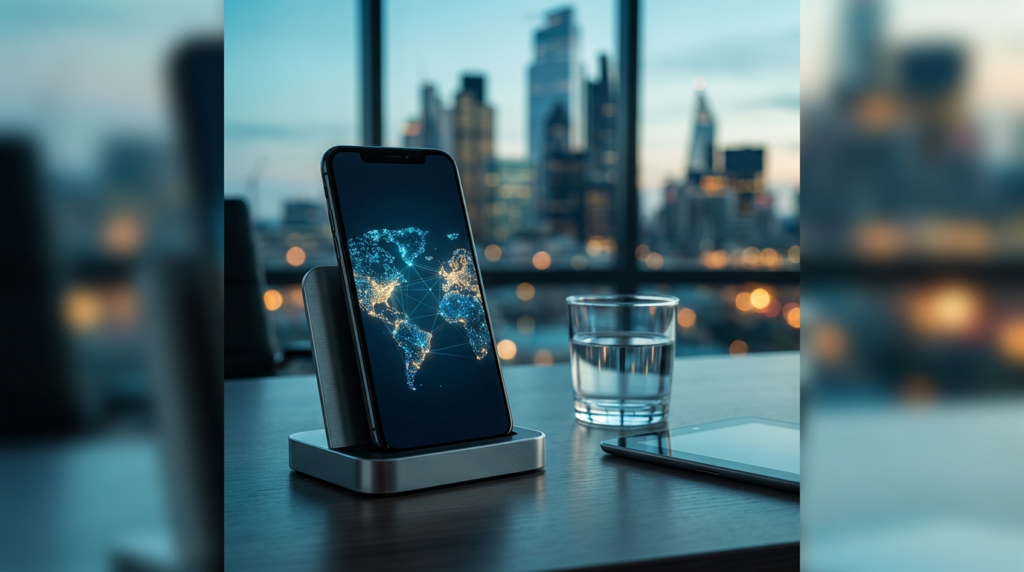 A smartphone on a dock showing a global networking map UI on the screen, with a city skyline in the blurred background (2026)