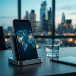 A smartphone on a dock showing a global networking map UI on the screen, with a city skyline in the blurred background (2026)