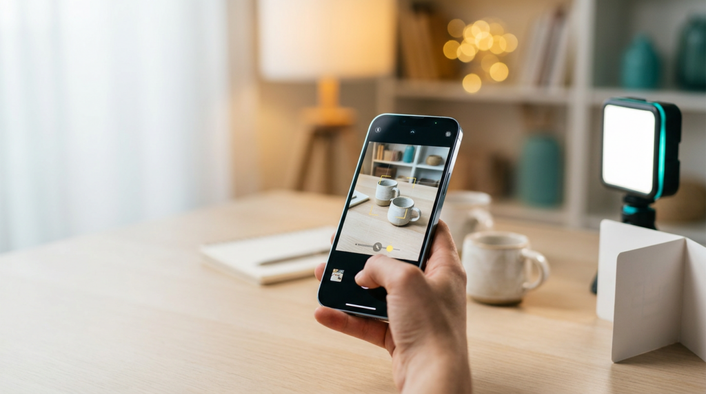 Smartphone taking a product photo with a small LED light and reflector for social media (2026)