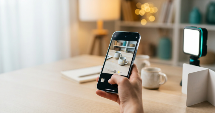 Smartphone taking a product photo with a small LED light and reflector for social media (2026)