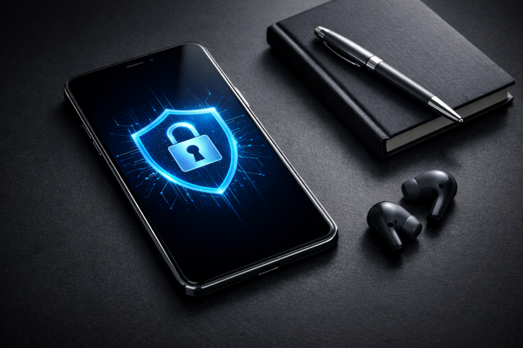 Modern smartphone with digital lock and security shield interface on a dark professional desk.