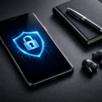 Modern smartphone with digital lock and security shield interface on a dark professional desk.