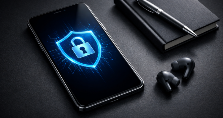 Modern smartphone with digital lock and security shield interface on a dark professional desk.