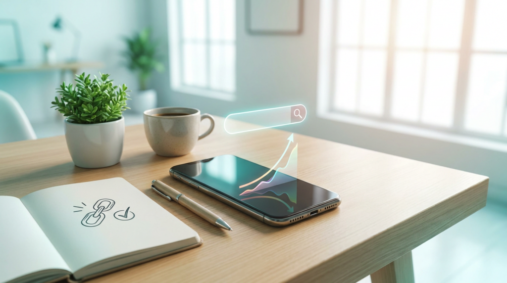 A smartphone on a clean desk showing an abstract search interface and an upward SEO growth chart, with a notebook and pen in a bright home office (2026)