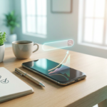 A smartphone on a clean desk showing an abstract search interface and an upward SEO growth chart, with a notebook and pen in a bright home office (2026)