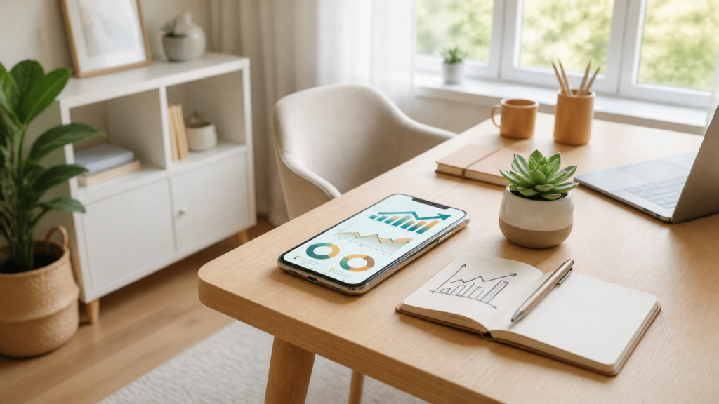A smartphone showing an abstract analytics dashboard with charts on a minimalist desk next to a notebook and pen, representing tracking social media metrics from a phone (2026)