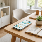 A smartphone showing an abstract analytics dashboard with charts on a minimalist desk next to a notebook and pen, representing tracking social media metrics from a phone (2026)