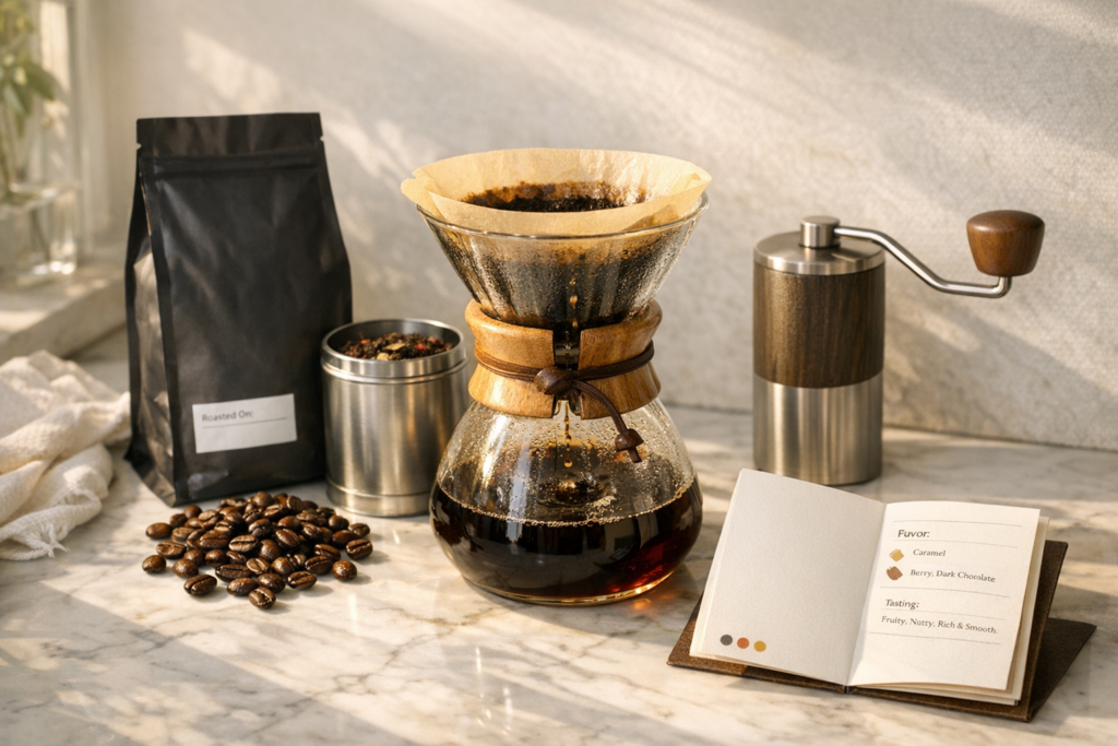Morning ritual with specialty coffee beans, loose-leaf tea, glass pour-over brewer, and hand-grinder on a marble countertop.