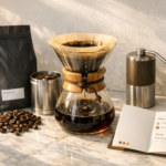 Morning ritual with specialty coffee beans, loose-leaf tea, glass pour-over brewer, and hand-grinder on a marble countertop.