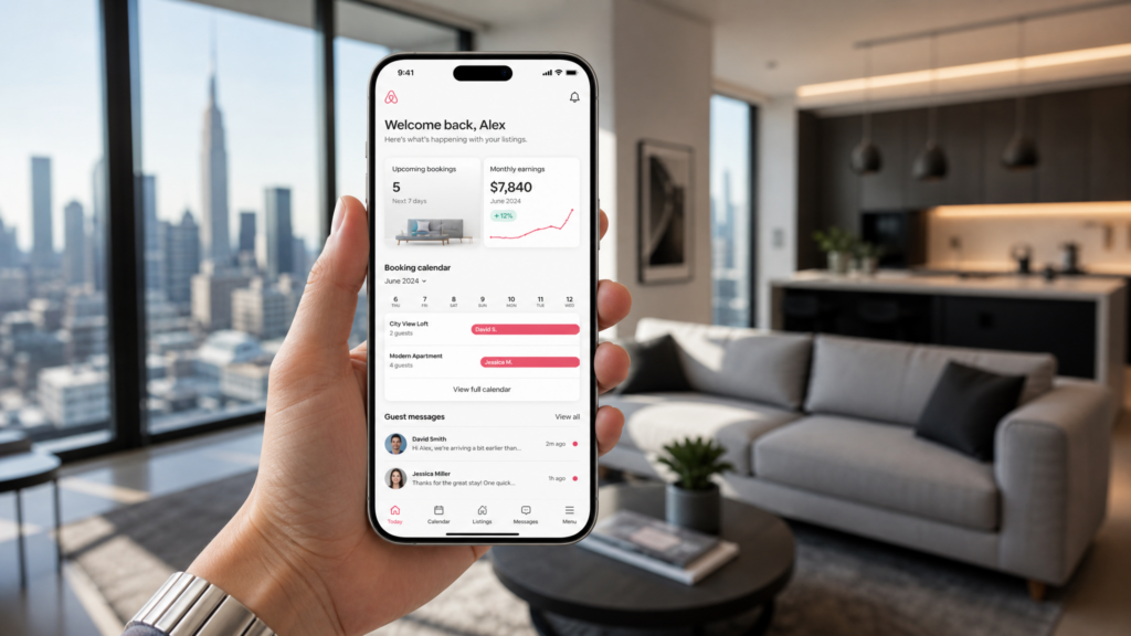 A hand holding a smartphone showing an Airbnb management app with booking charts, set against a blurred high-end apartment interior.