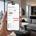 A hand holding a smartphone showing an Airbnb management app with booking charts, set against a blurred high-end apartment interior.