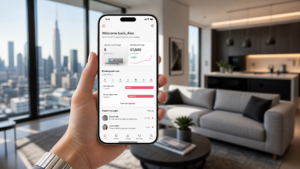 A hand holding a smartphone showing an Airbnb management app with booking charts, set against a blurred high-end apartment interior.