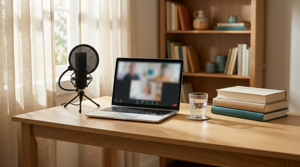 Modern home tutoring workspace with laptop, professional microphone, and books for remote teaching.