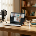Modern home tutoring workspace with laptop, professional microphone, and books for remote teaching.