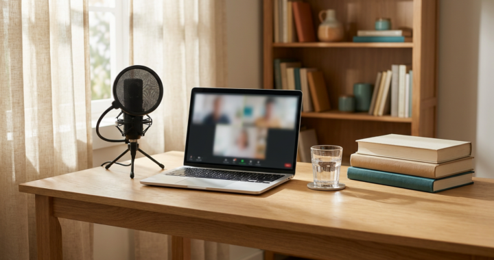 Modern home tutoring workspace with laptop, professional microphone, and books for remote teaching.
