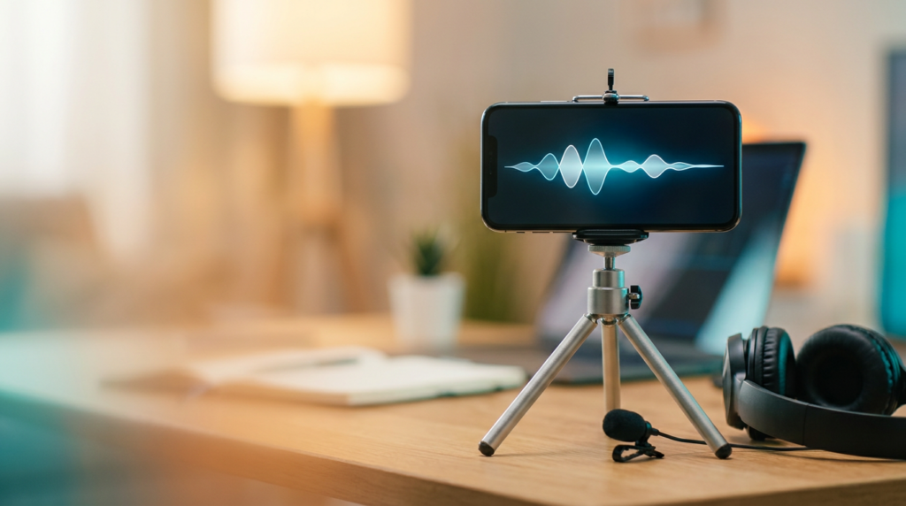 Smartphone on a tripod recording a podcast with a lavalier microphone and headphones (2026)