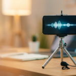 Smartphone on a tripod recording a podcast with a lavalier microphone and headphones (2026)