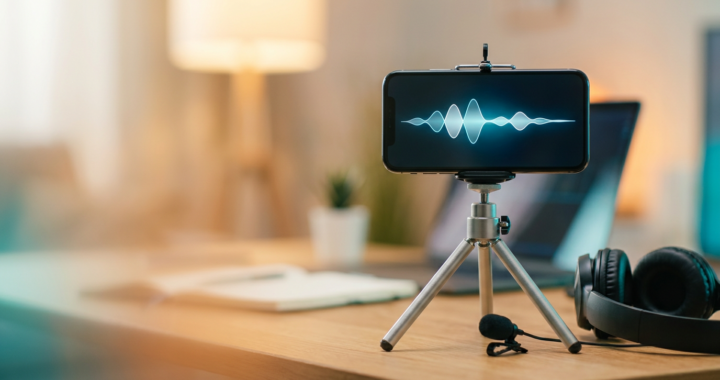 Smartphone on a tripod recording a podcast with a lavalier microphone and headphones (2026)