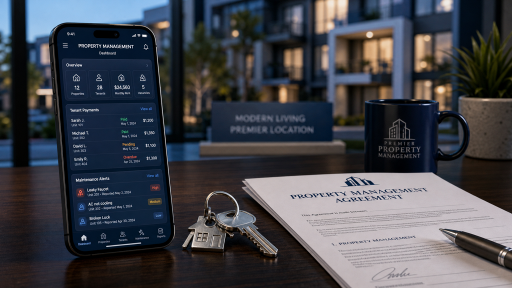 A smartphone on a desk showing a property management dashboard next to house keys and a contract, with a modern apartment building in the background.